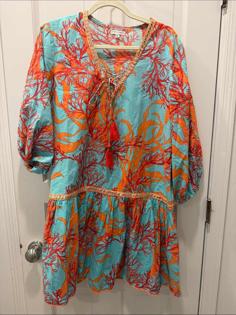 Modaposa (boutique in StJohn) Turquoise Mini Dress with Orange & Red Coral Print